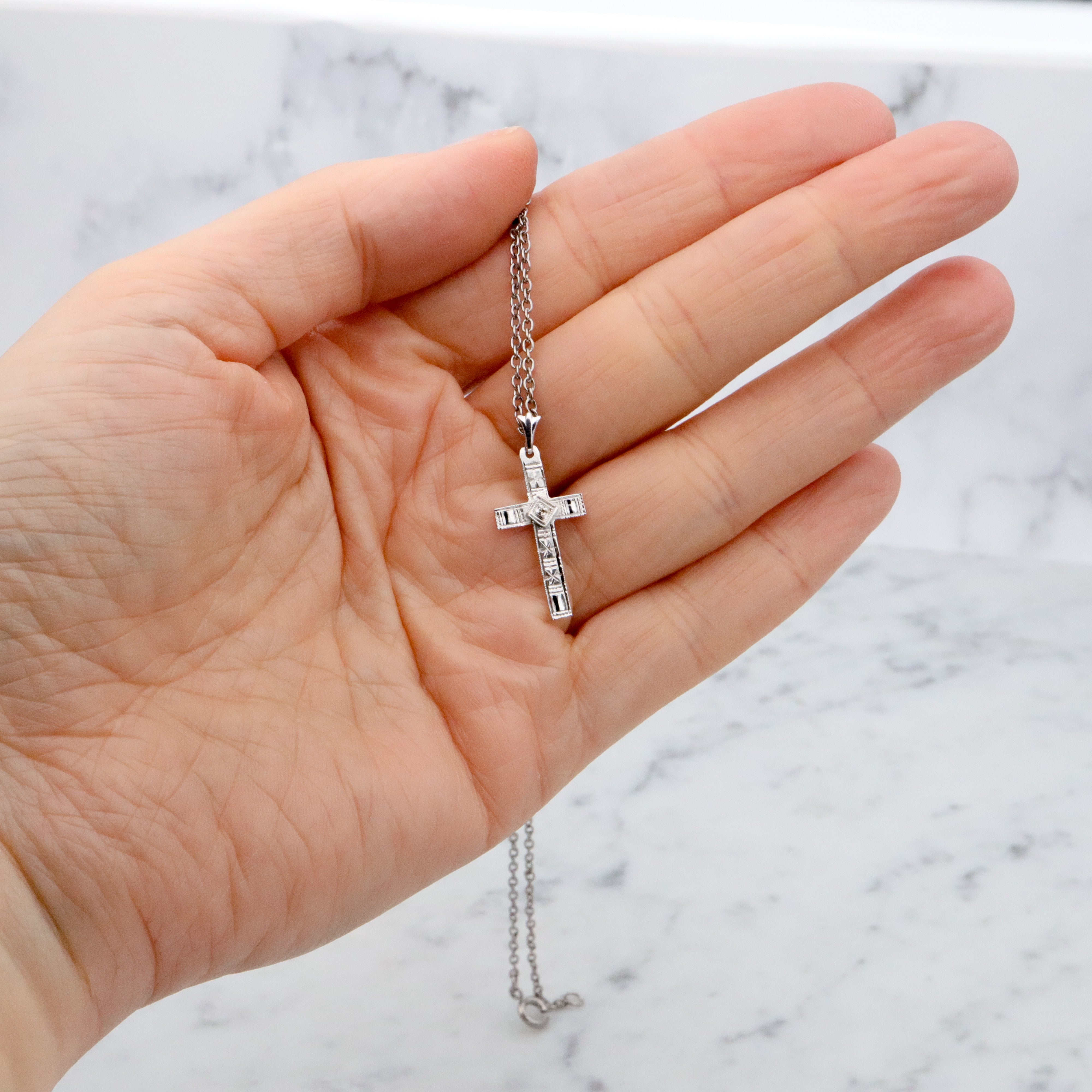 Antique Art Deco 14k white gold engraved cross pendant with old mine cut diamond